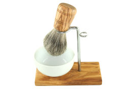 Shaving brush holder made of olive wood with porcelain bowl Type 2