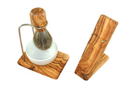 Shaving set DESIGN 4 parts made of olive wood with porcelain bowl round Ø 8,5 cm