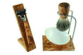 Shaving set DESIGN PLUS 5 parts made of olive wood with porcelain bowl diagonally Ø 10 cm