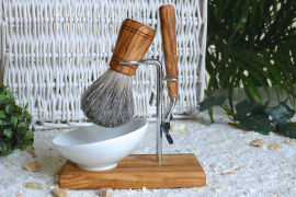 Shaving brush set / razor holder KLASSIK PLUS 4 parts of olive wood with porcelain bowl oval 10 cm