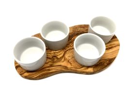 Serving board for dips made of olive wood including 4 porcelain bowls