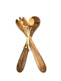 Salatbesteckaus Olivenholz mit Bastband verbunden MITTEL 30 cm