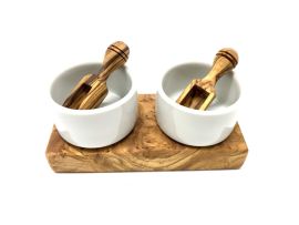 2er Set FANO2 Dipschalen Porzellan Ø 5,5 cm plus 2 Schippchen auf Olivenholzsockel