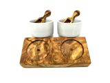 2er Set FANO2 Dipschalen Porzellan Ø 5,5 cm plus 2 Schippchen auf Olivenholzsockel