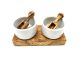 2er Set FANO2 Dipschalen Porzellan Ø 5,5 cm plus 2 Schippchen auf Olivenholzsockel